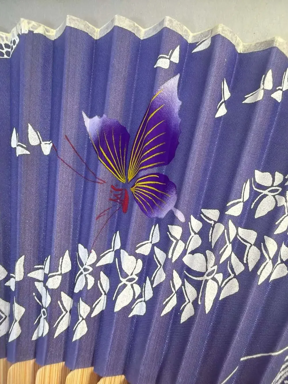Purple Butterfly Bamboo Folding Hand Fan with Floral Fabric Sleeve 8.25